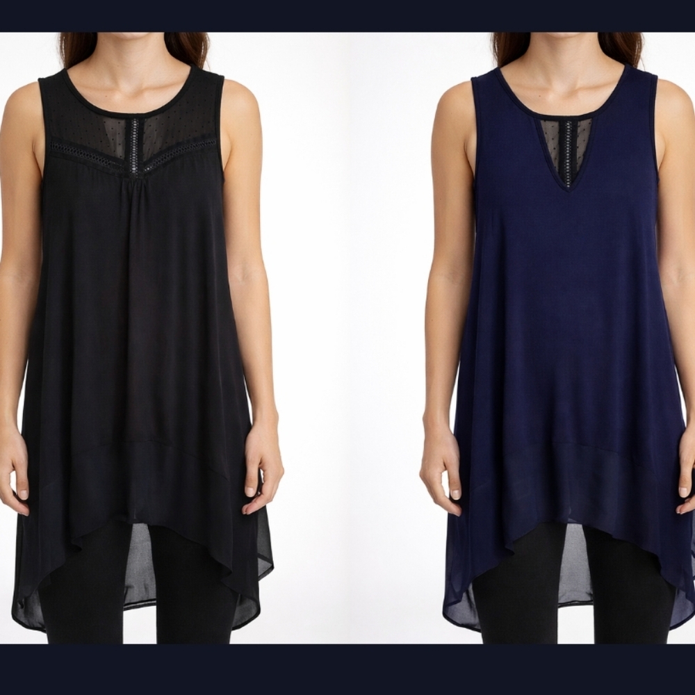 2 Kate & Mallory Blouse Size M Low-High Black/Blue Sleeveless Sheer Bottom Rayon